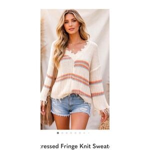 POL S Cream Striped Distressed Fringe Knit V Neck Sweater